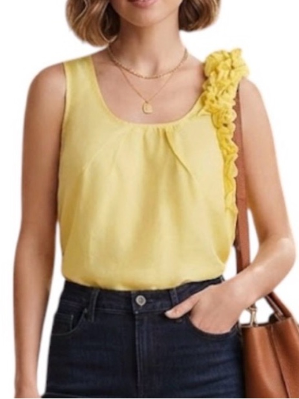 RW AND CO Yellow Ruffle Shoulder Sleeveless Blouse Medium Summer Casual